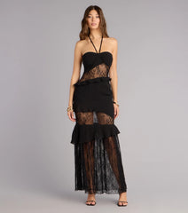 Save the Date Lace Halter Ruffle Maxi Dress