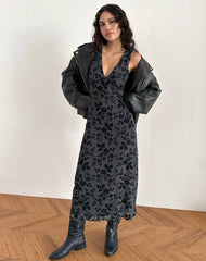 Gabriela Midi Dress in Vine Flocked Floral Ocean Storm