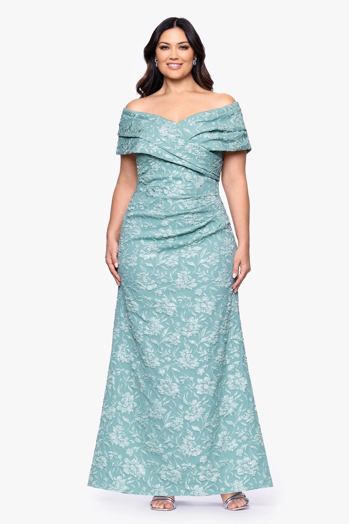 Plus "April" Jacquard Off the Shoulder Floor Length Dress