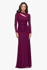 "Callie" Mesh Cutout Embellished Long Sleeve Floor Length Dress