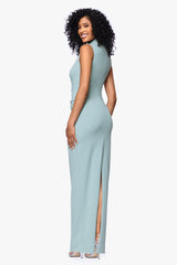 Petite "Katalina" Scuba Crepe Cap Sleeve Mock Neck Floor Length Dress