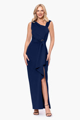 "Lucy" Techno Scuba Asymmtrical Neck Floor Length Dress