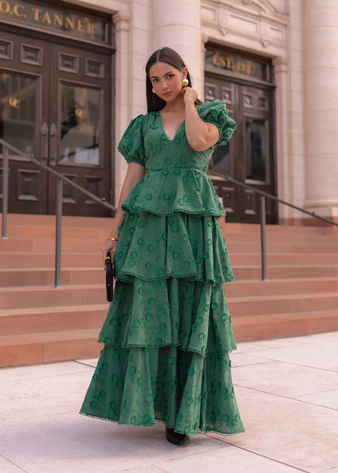 Sloane Puff Sleeve Tiered Cotton Floral V-Neck Maxi Dress - Green