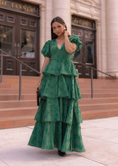 Sloane Puff Sleeve Tiered Cotton Floral V-Neck Maxi Dress - Green