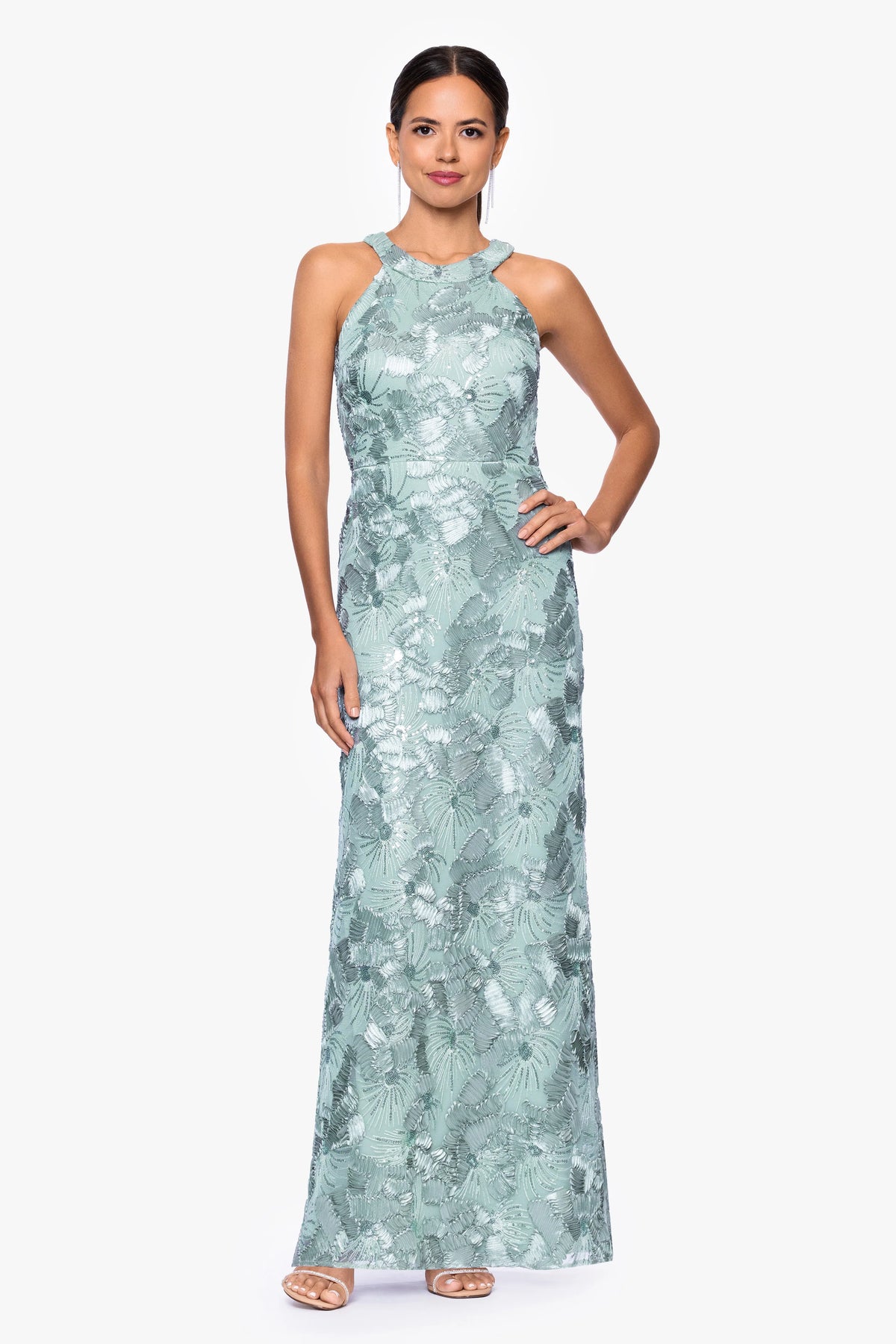 Petite "Fabiana" Halter Neck Soutache and Sequin Floor Length Dress