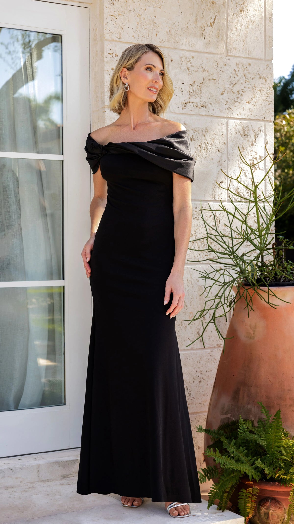 "Michelle" Scuba Crepe Off the Shouler Taffeta Trim Floor Length Dress