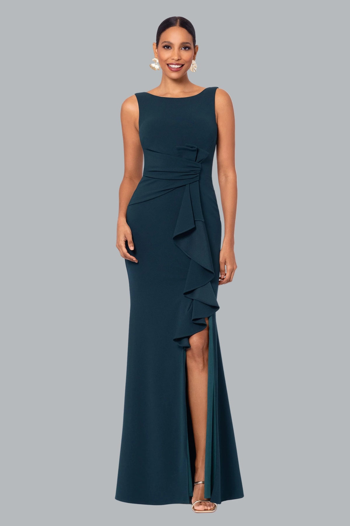 Petite "Christine" Scuba Crepe Ruffled Bow Gown