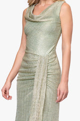 "Stassi" Metallic Knit Cowl Neck Floor Length Dress