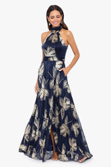 Petite "Dana" Foil Wrap Mock Neck Floor Length Dress