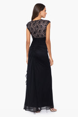 "Anya" Long Jersey Knit Lace Bodice Gown