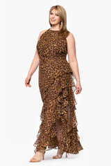 Plus "Andie" Print Chiffon Halter Neck Ruffle Floor Length Dress