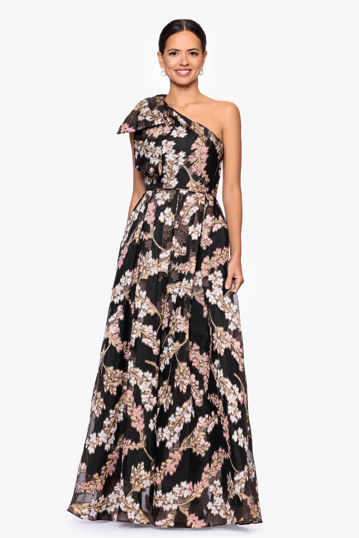 Petite "Josanne" Organza Brocade One Shoulder Floor Length Dress