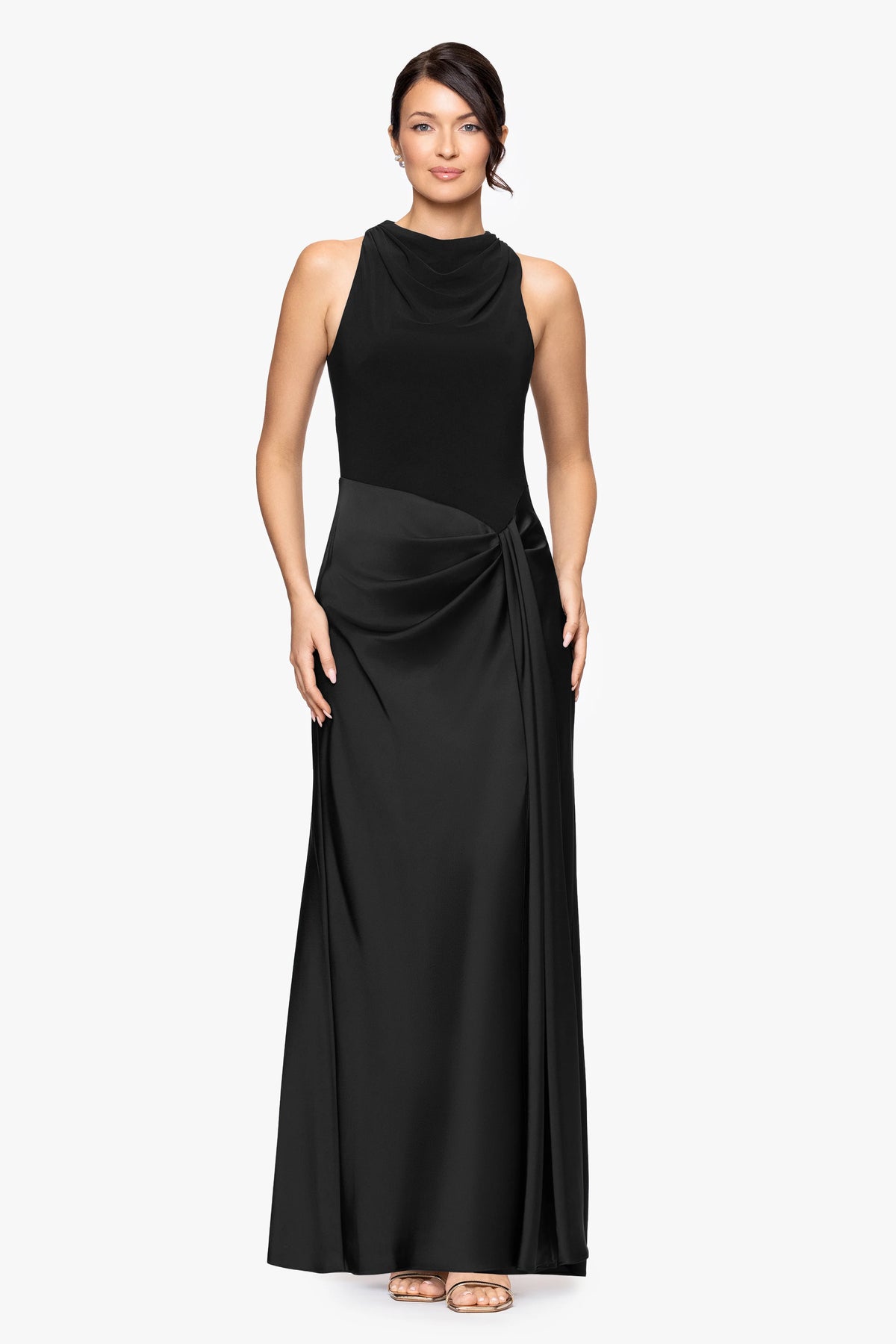 "Amberlynn" Jersey Knit and Satin Draped Floor Length Dress