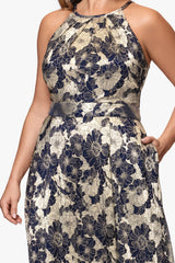 Plus "Layla" Long Halter Top Wrap Foil Print Dress