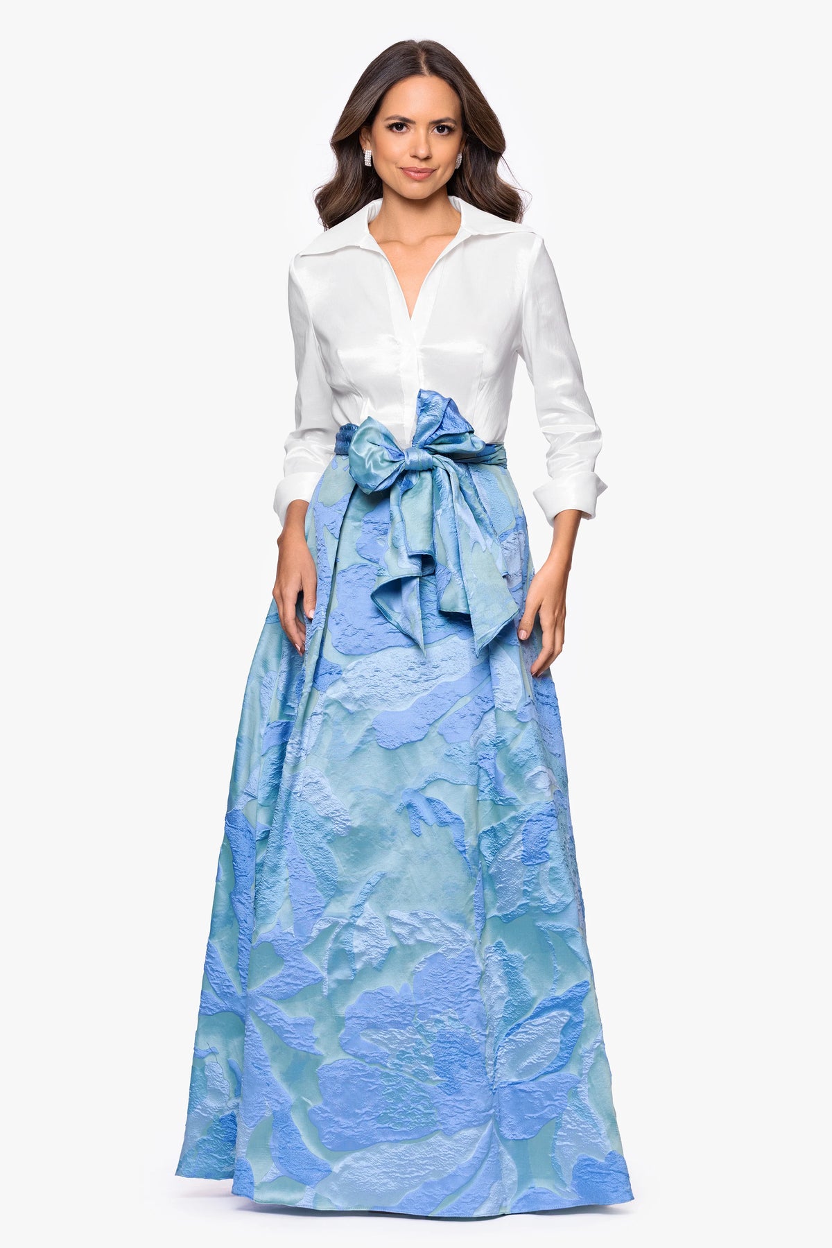 "Iyanna" Taffeta and Brocade Bow Floor Length Dress