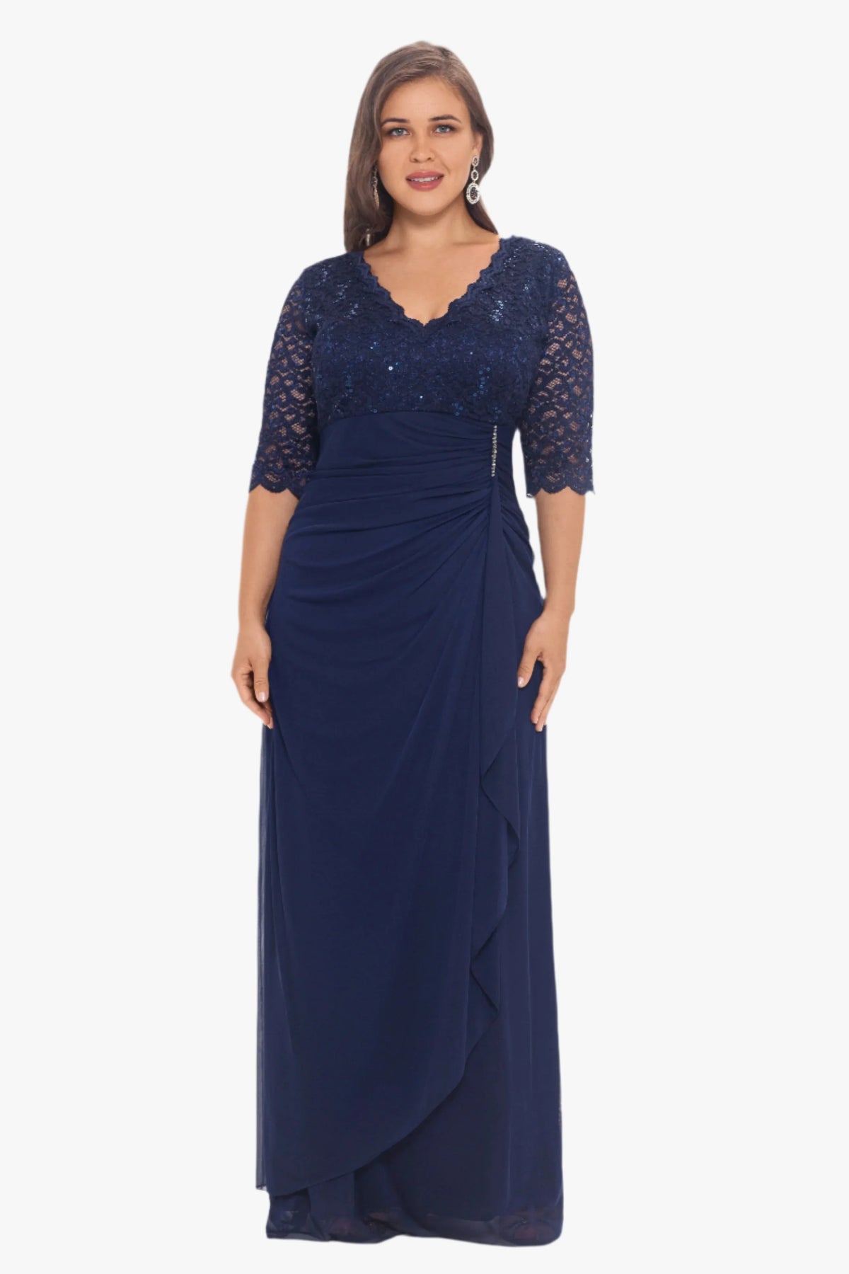 Plus "Johanna" 3/4 Sleeve Sheer Matte Jersey Long Dress