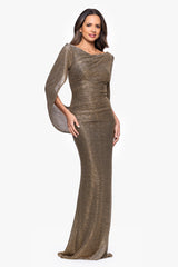 "Kaia" Metallic Crinkle Boat Neck Drape Sleeve Floor Length Dress