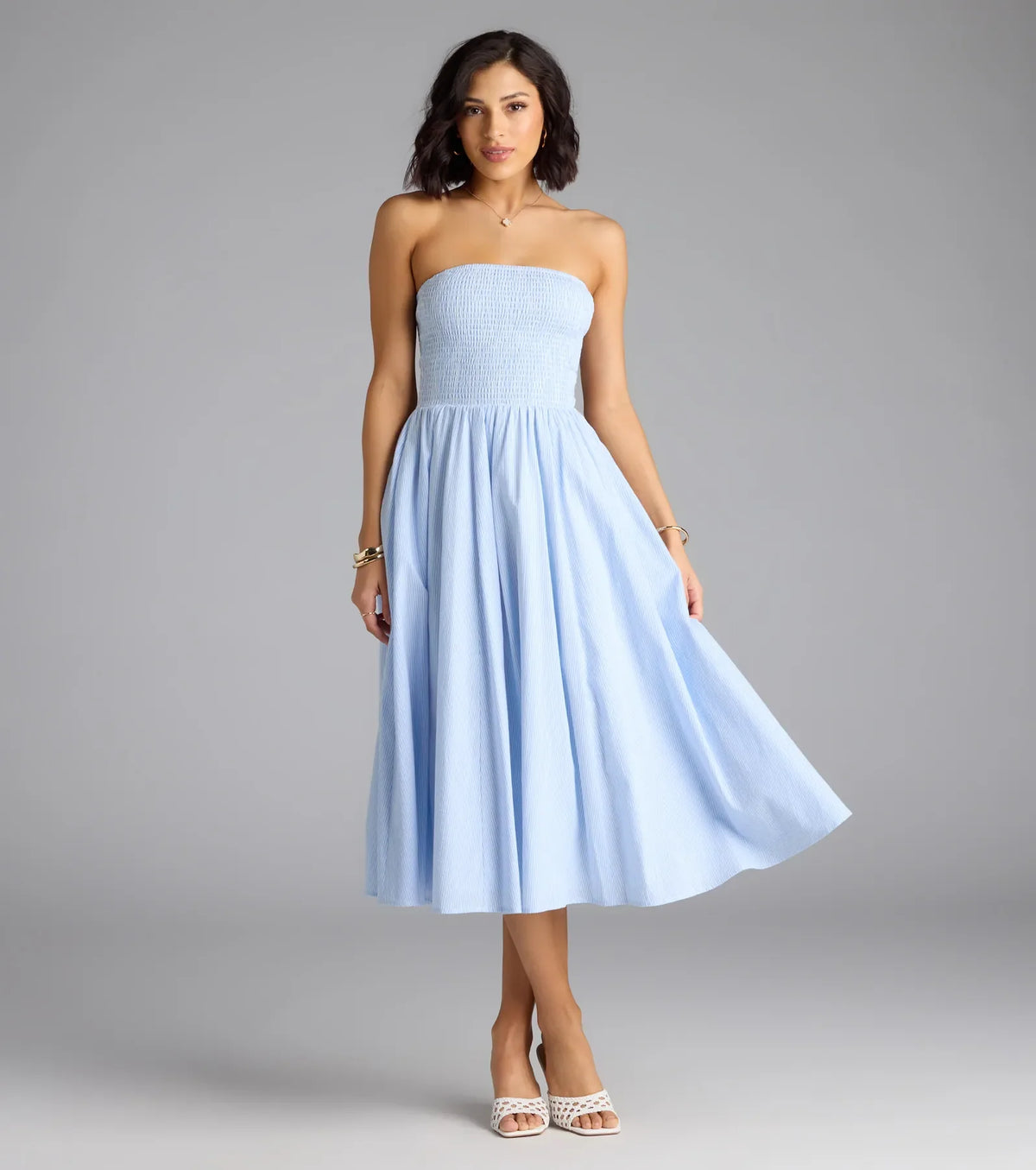Breeze By Strapless Striped A-Line Midi Dress
