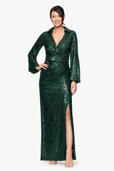 "Yulissa" Sequin Collared Long Sleeve Floor Length Dress