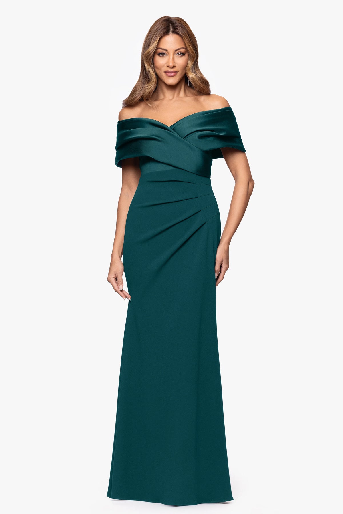 Petite "Yasmeen" Long Off The Shoulder Scuba Crepe Gown