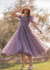 Everbloom Puff Sleeve Midi Dress in Purple
