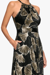 "Jenny" Metallic Printed Halter Neck Floor Length Dress