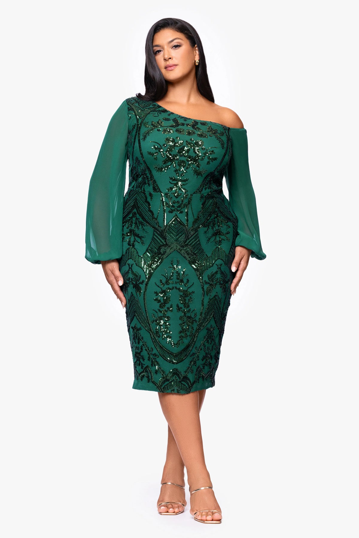 Plus "Josephina" Sequin Long Mesh Sleeves Drop Shoulder Knee Length Dress