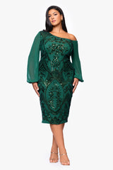 Plus "Josephina" Sequin Long Mesh Sleeves Drop Shoulder Knee Length Dress