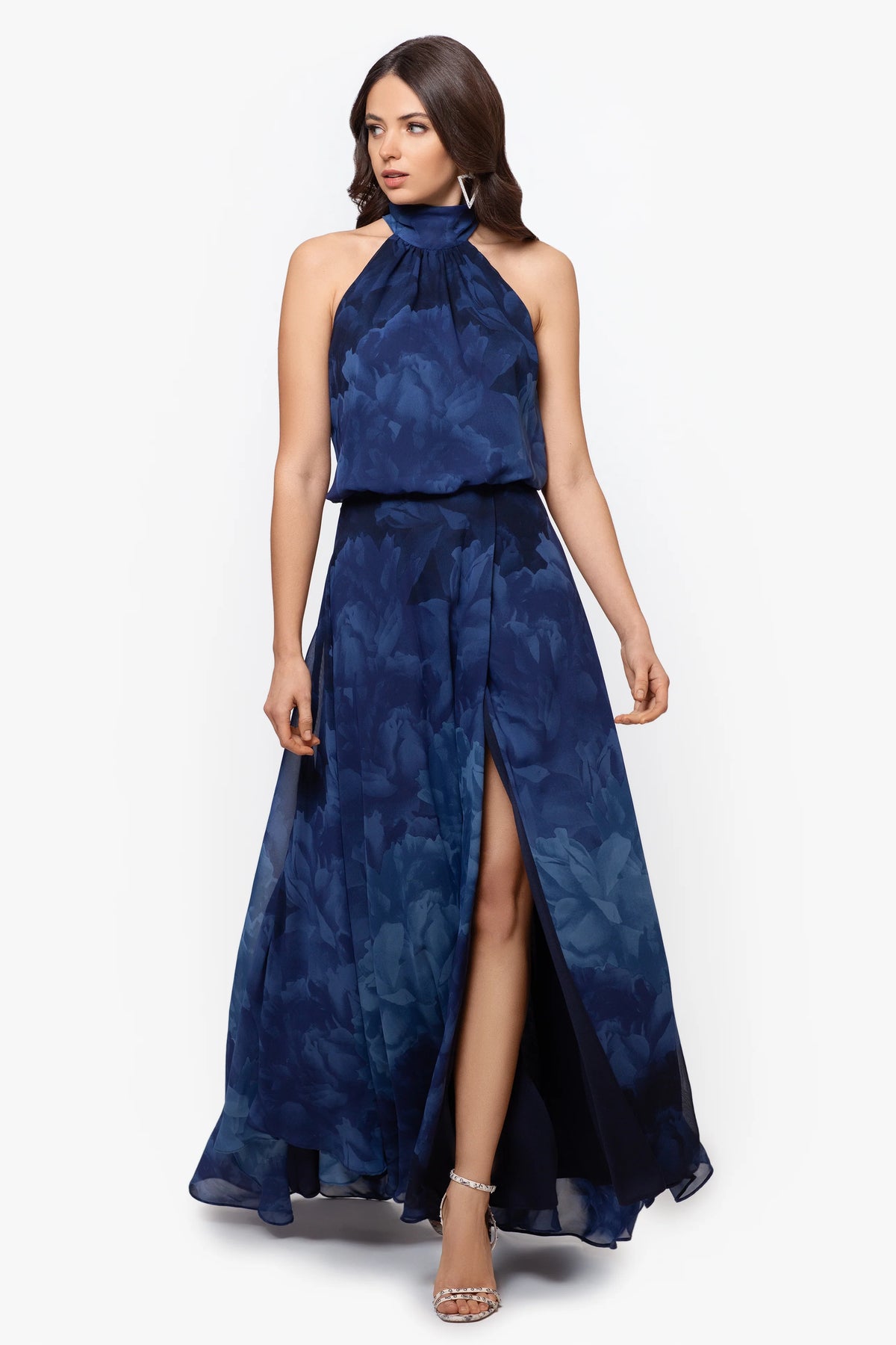 Petite "Tami" Chiffon Print High Halter Neck Gown