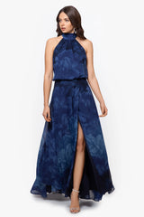 Petite "Tami" Chiffon Print High Halter Neck Gown