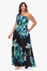 Plus "Carli" Chiffon Jacquard Burnout One Shoulder Floor Length Dress