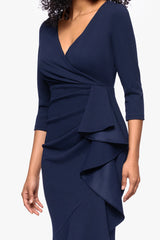 "Pauline" Scuba Crepe 3/4 Sleeve Ruffle Floor Length Dress