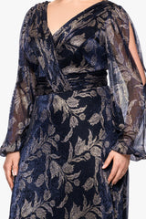 Plus "Elisabeth" Foil Print V-Neck Long Sleeve Floor Length Dress
