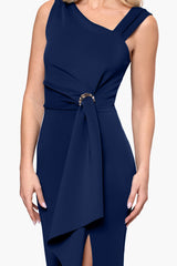 "Lucy" Techno Scuba Asymmtrical Neck Floor Length Dress
