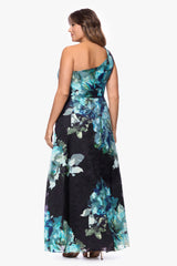Plus "Carli" Chiffon Jacquard Burnout One Shoulder Floor Length Dress