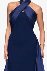 "Dina" Scuba Crepe Twist Halter Neck Floor Length Gown