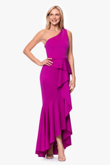 "Annalise" Techno Scuba Ruffled One Shoulder Floor Length Dress