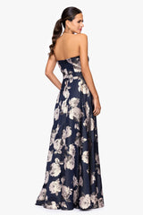 Petite "Lottie" Metallic Jacquard Strapless Floor Length Dress