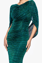 "Tamsin" Long Metallic Knit Long Sleeve Drape Dress