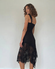 Adeliza Asymmetric Midi Dress in Floral Lace Jet Black