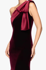 "Elena" Velvet One Shoulder Satin Bow Neckline Floor Length Dress