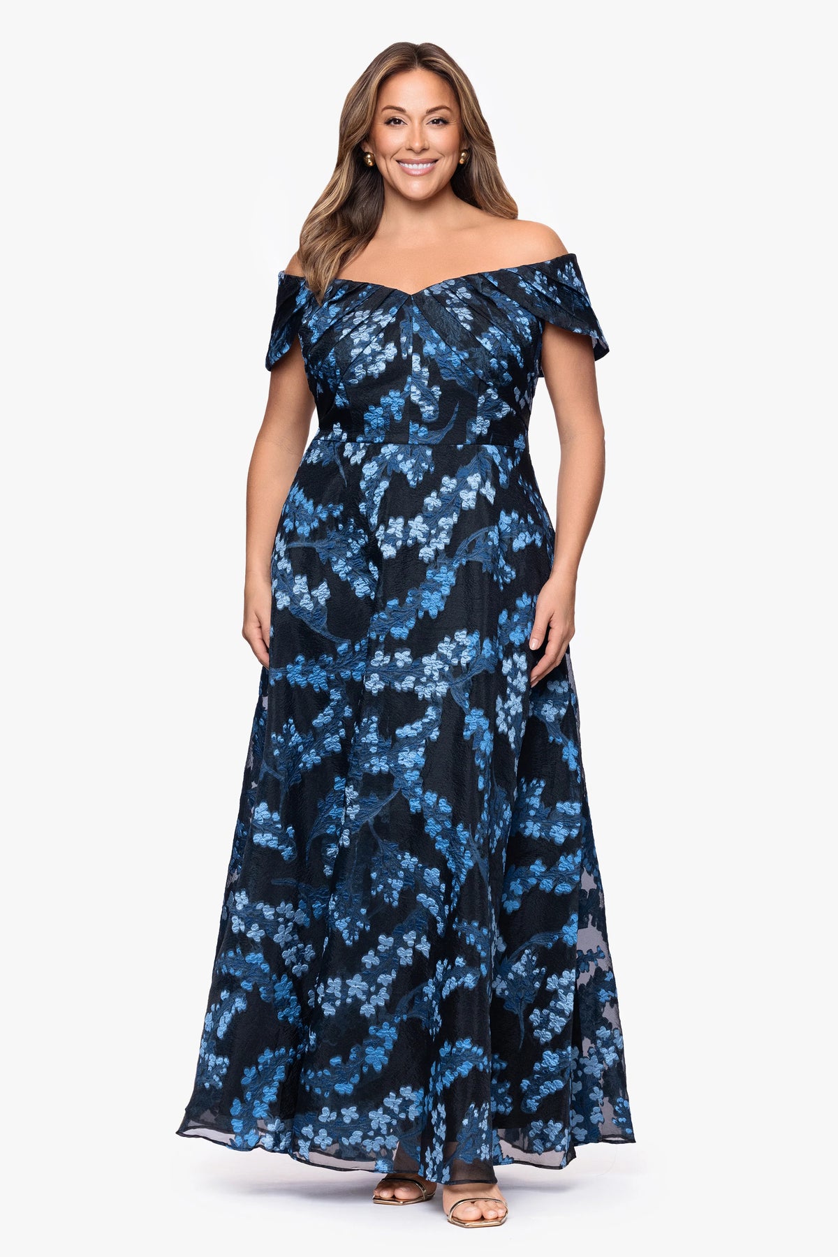 Plus "Amaira" Organza Brocade Off the Shoulder Floor Length Dress