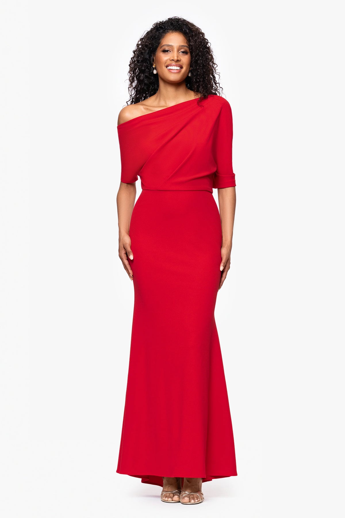 "Madeline" Long Scuba Crepe Off the Shoulder Drop Dress