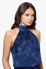Petite "Tami" Chiffon Print High Halter Neck Gown