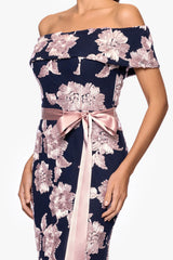 Petite "Georgette" Soutache Off the Shoulder Ribbon Floor Length Dress