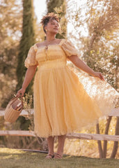 Everbloom Puff Sleeve Midi Dress in Yellow