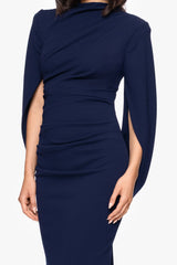 "Evelina" Scuba Crepe Drape Back High Neck Floor Length Dress