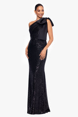 "Christy" Long Sequin Dress with Satin Bow