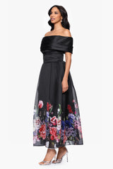 Petite "Tabitha" Organza Print Off the Shoulder Midi Dress
