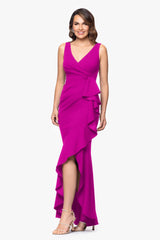 "Candace" Long V- Neck Hi Low Cascade Dress
